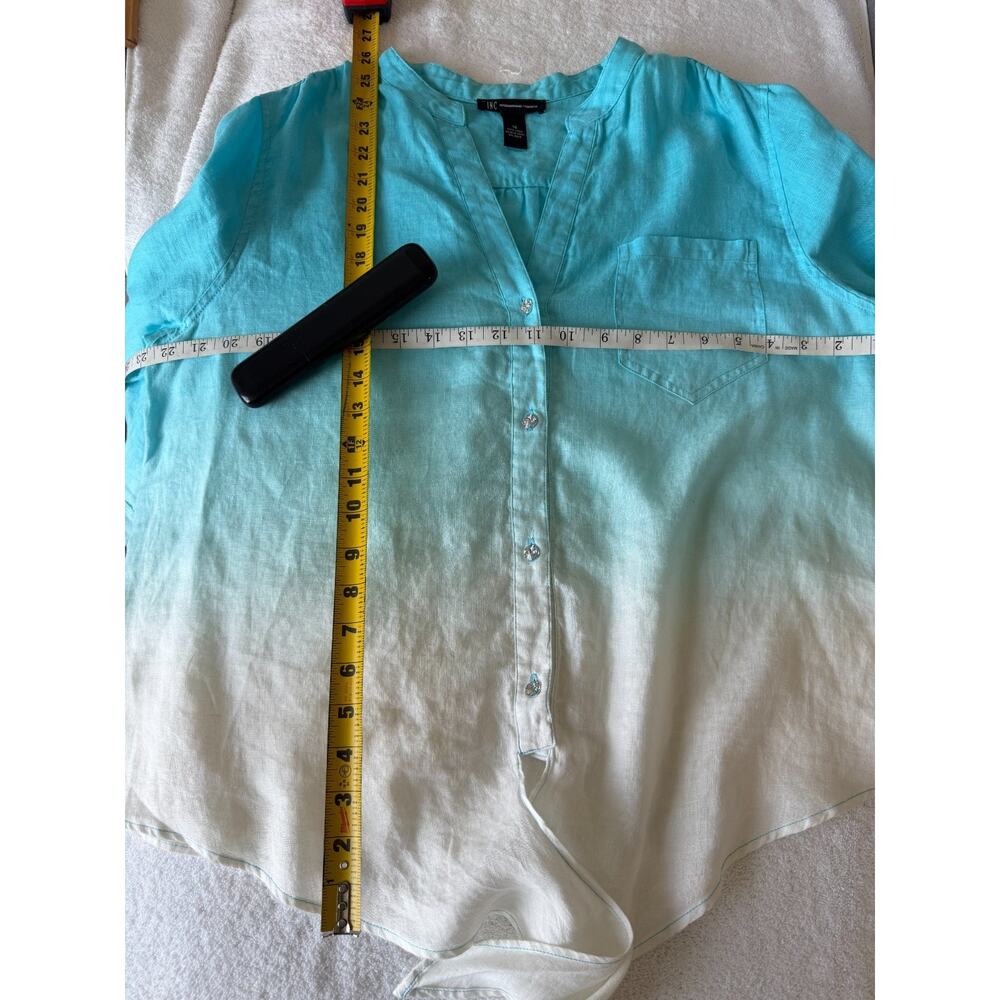 INC Linen Tie-Dye Ombre Button Down v neck Shirt roll tab Crystal button Sz-16 - Picture 6 of 8